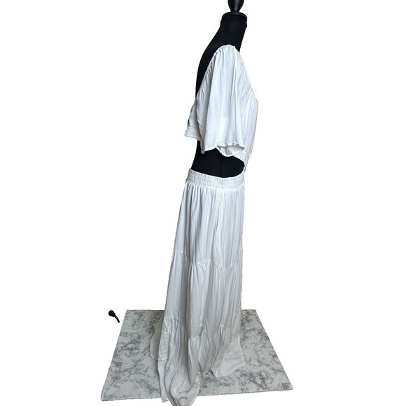 White Boho Maxi Dress XL Flutter Sleeve‎ Pockets Cutout Waist Tiered Cottagecore - Picture 5 of 15